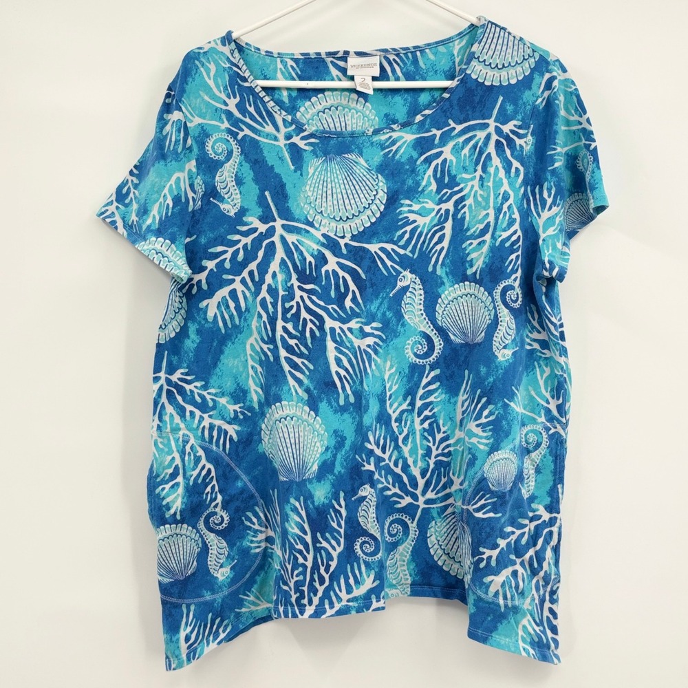 Weekends by Chico's Blue Coastal Shell Coral Seahorse Print Top Size 2 L